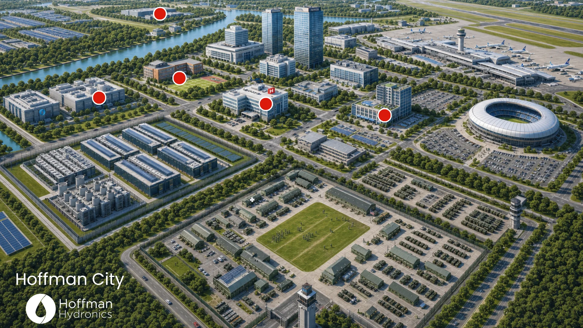 Aerial rendering of Hoffman City with hotels, hospital, school, university, and industrial campus